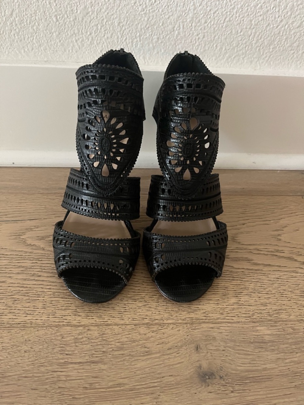 Aerin black leather lace open toe heels